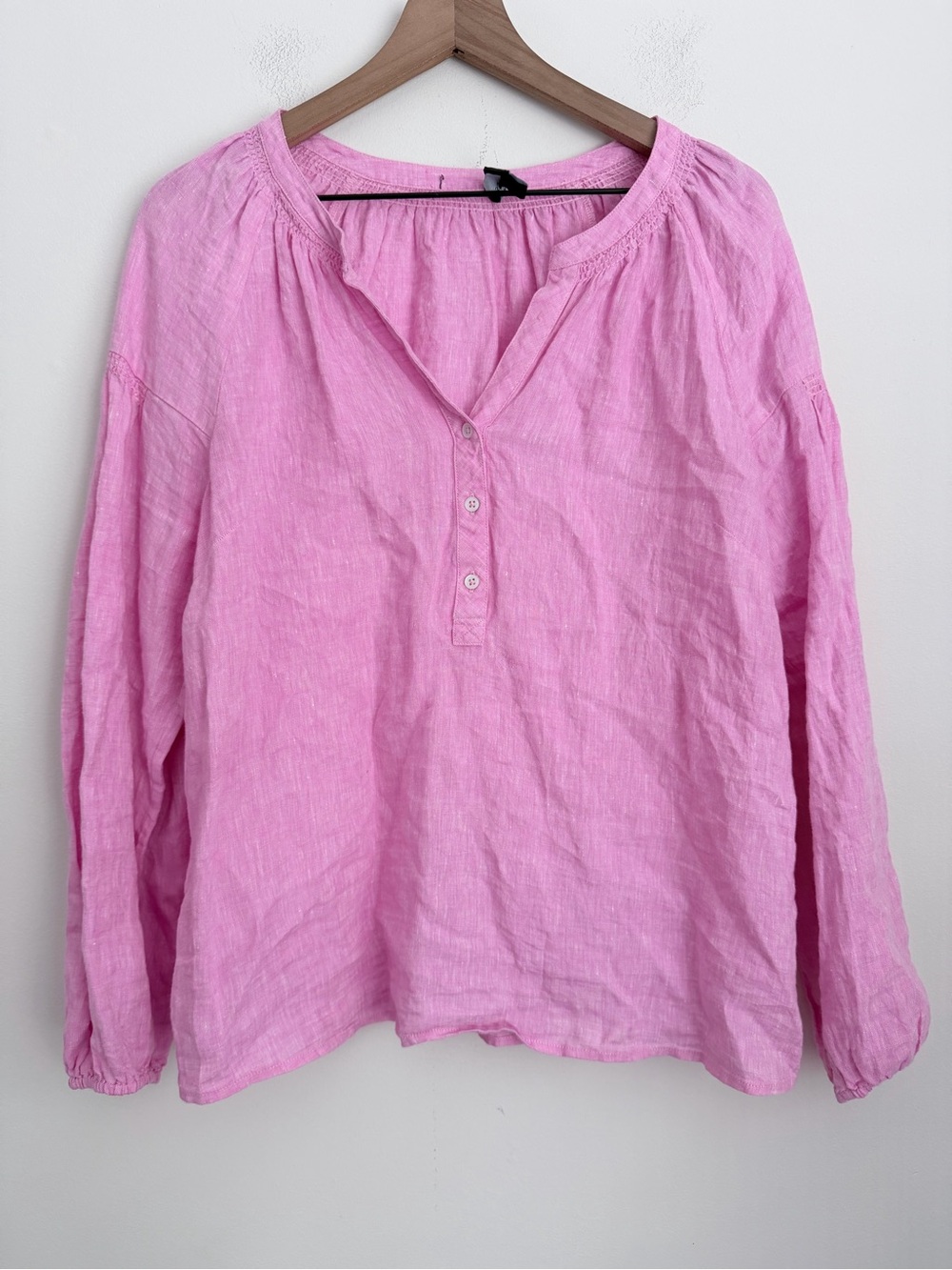 Talbots Pink Linen popover shirt lantern sleeve Peasant Coastal Boho Lagenlook L - Picture 2 of 7